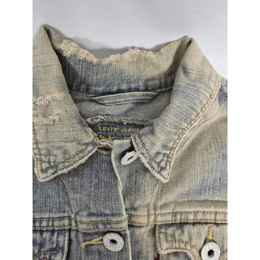 Levis Jeans Jacket Mens XL Blue Distressed Trucker Western Button Up Bleach Wash
